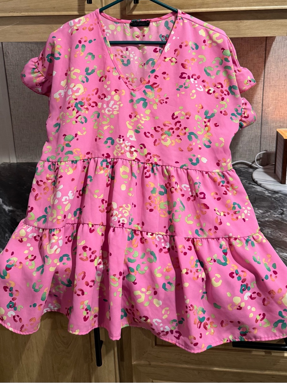 Pink Tiered V-Neck top with Multicolor cheetah Print
